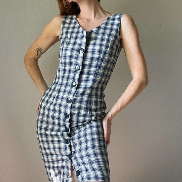 Vintage Dresses & Skirts - Vintage 1990s Blue Plaid Button Up Sleeveless Fitted Mini Dress